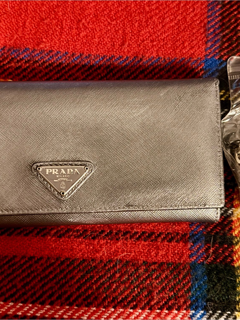 Prada Pewter Saffiano Leather Clutch with Detachable Chain